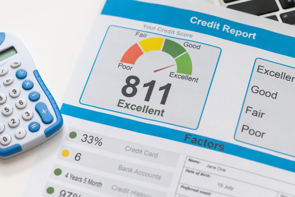 Credit report with score on a desk